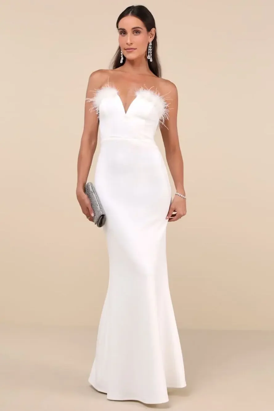 NWT Lulus Extraordinary Glam White Feather Strapless Mermaid Maxi Dress Bride L